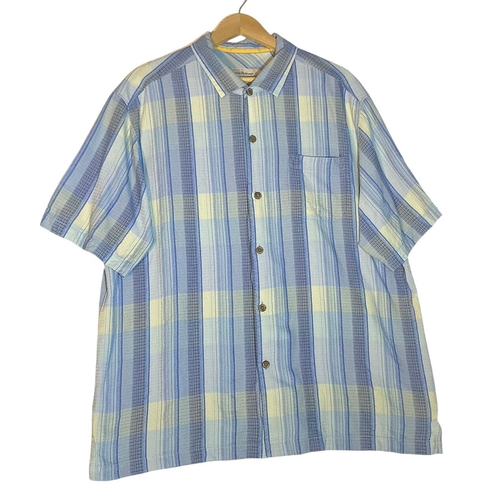 Tommy Bahama Men's XL Silk Plaid Button Up Shirt Blue Yellow Short Sleeve